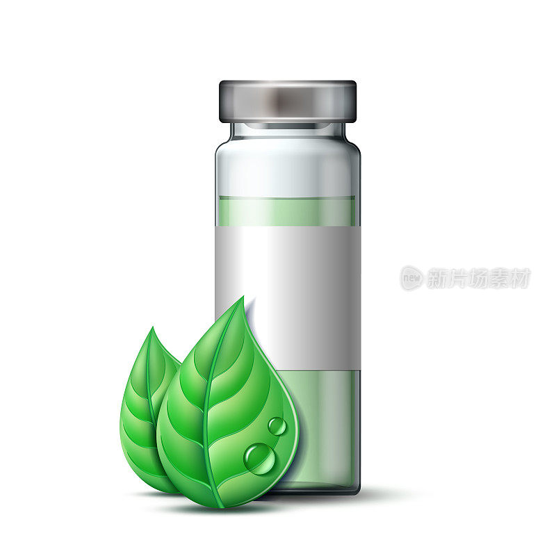Transparent glass ampule with vaccine or drug for medical treatment and two green leaves.